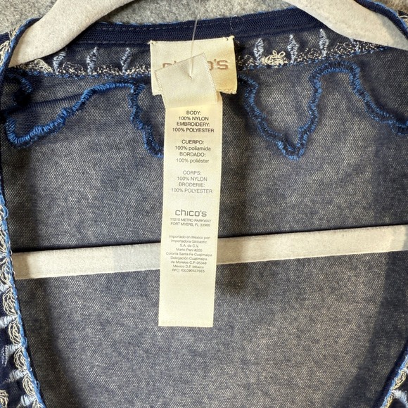 Chico's Navy Blue Embroidered Open Front Sheer Festival Jacket Size 4 - Picture 6 of 8
